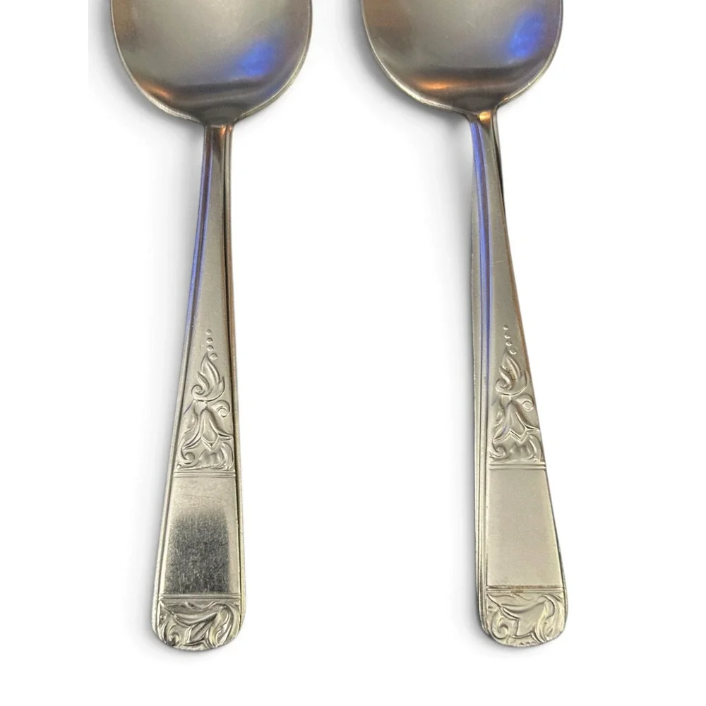 Set of 2 Vintage Hull Lifetime Deluxe Stainless Steel Oval Soup Spoons Tulip